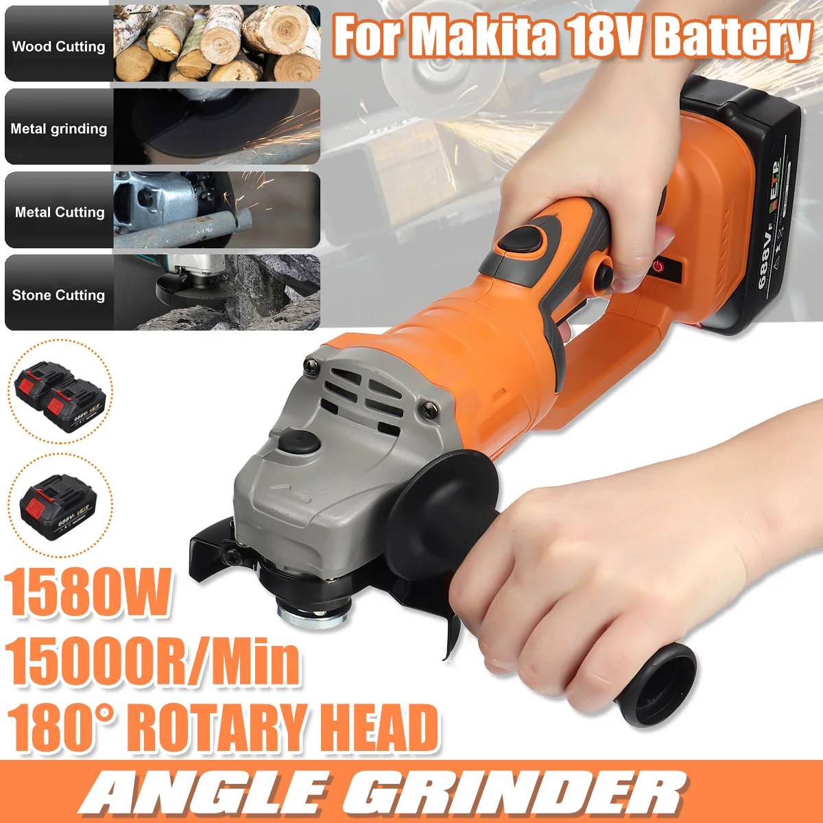 

18V Brushless Cordless Angle Grinder 688VF 100mm 180 Degree Rotation Rechargeable Electric Grinder For Makita 18V Battery