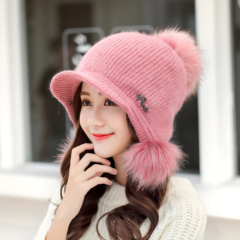 H7731 Женская Шапка-бини из кроличьего меха женская зимняя теплая шапка с защитой