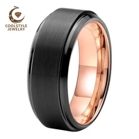 mens womens wedding band black rose gold tungsten carbide ring 8mm brushed stepped beveled finish comfort fit