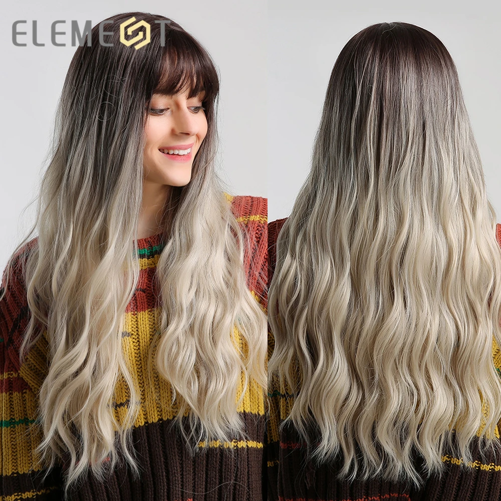 

Element Women Wig Brown Ombre Synthetic Hair Long Wave Wigs With Bangs For Lady Girl Cosplay Party Daily Heat Resistant LC202-2