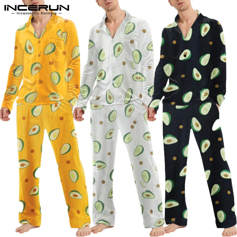 

Men Pajamas Sets Fruit Printed Homewear Long Sleeve Button Soft Cozy Nightwear Pants Leisure Men Sleepwear Sets 2 Pieces INCERUN