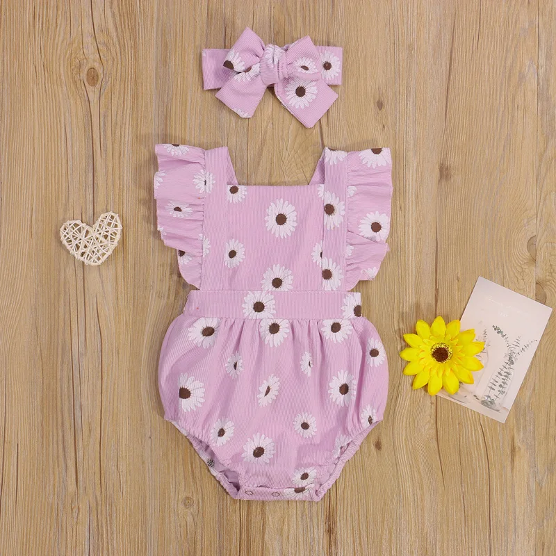 

Pudcoco 0-24M 2Pcs Infant Kids Baby Girls Summer Ruffles Sleeveless Floral Print Button Romper+Headwear Outfit Clothes