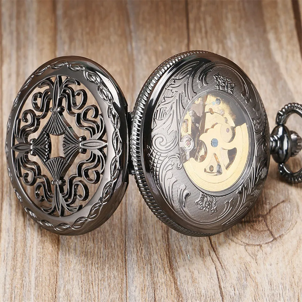 Vintage Elegant Black Hollow Pattern Automatic Mechanical Pocket Watch Golden Skeleton Roman Numerals Self Winding Pendant Clock