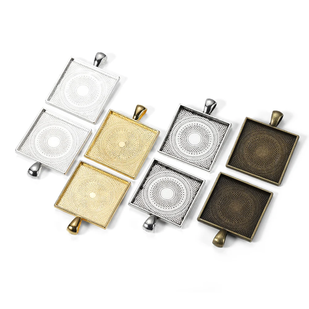 

5Pcs/lot 25mm Metal Plated Glass Square Pendant Cabochons Bases Settings Bezel Trays For DIY Jewelry Making Findings Accessories