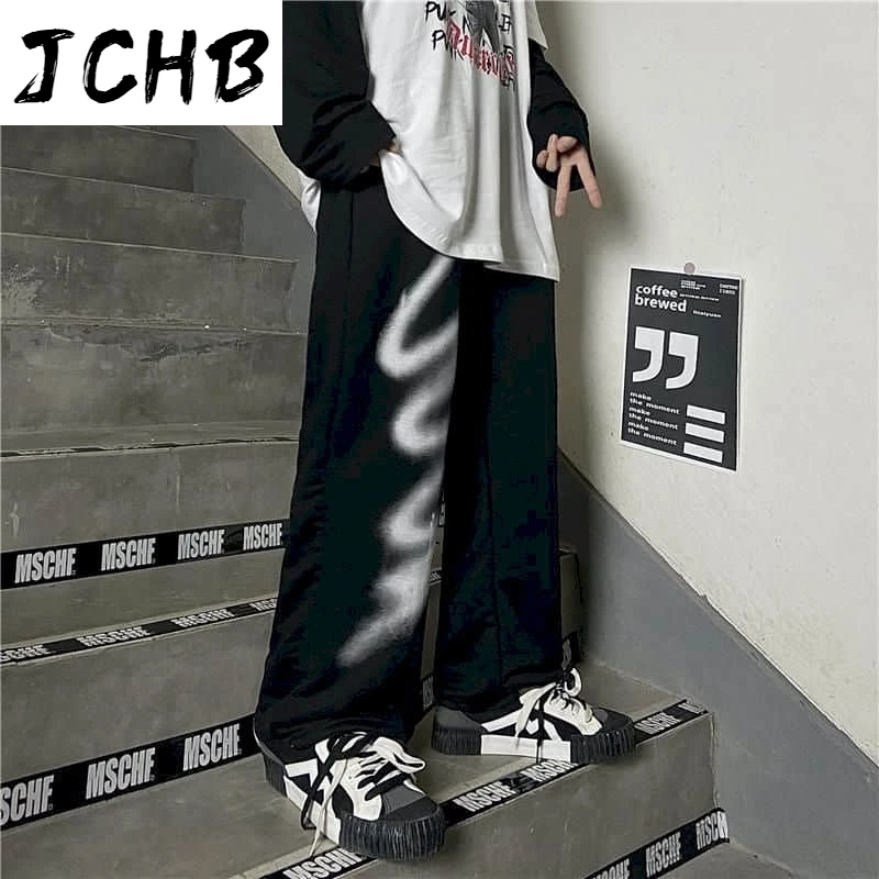 

2021 Sweat Pants Women Clothing Men Autumn Winter Korean Ins Dark High Waist Black Wild Graffiti Loose Casual Straight Trousers