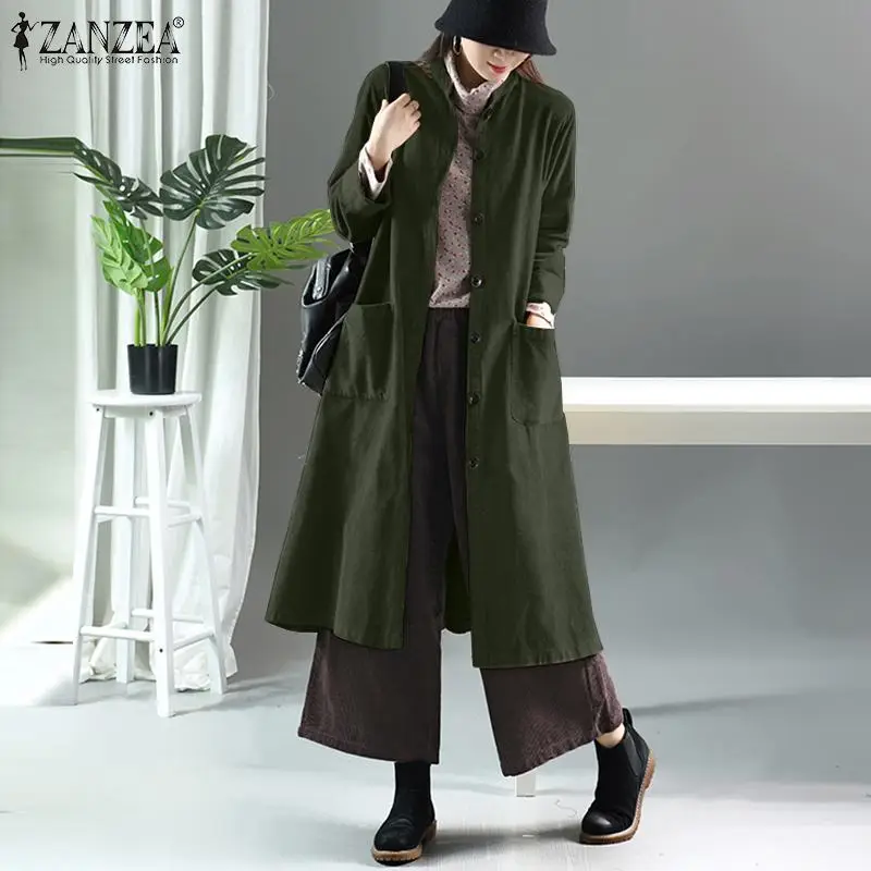 

Винтажные куртки с отворотом и длинным рукавом ZANZEA женские осенние однотонные вельветовые тонкие пальто Ретро Длинный Повседневный Кардиг...