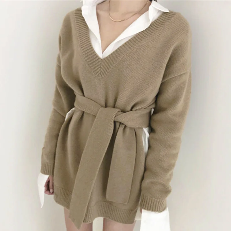 

New 2022 Women Autumn Winter Sweaters Knitted Elegant Irregular Vintage Lace Up Pullovers Tops