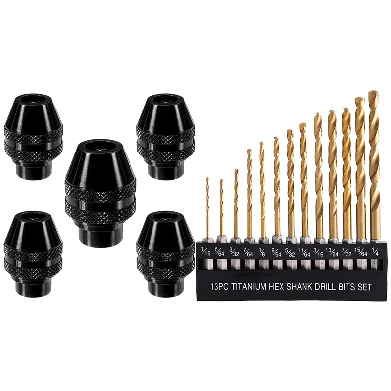 

13 Pcs Titanium Twist Drill Bit Set Hex Shank High Speed Steel with 5 Pcs Quick Change Chuck Mini Keyless Drill Chuck