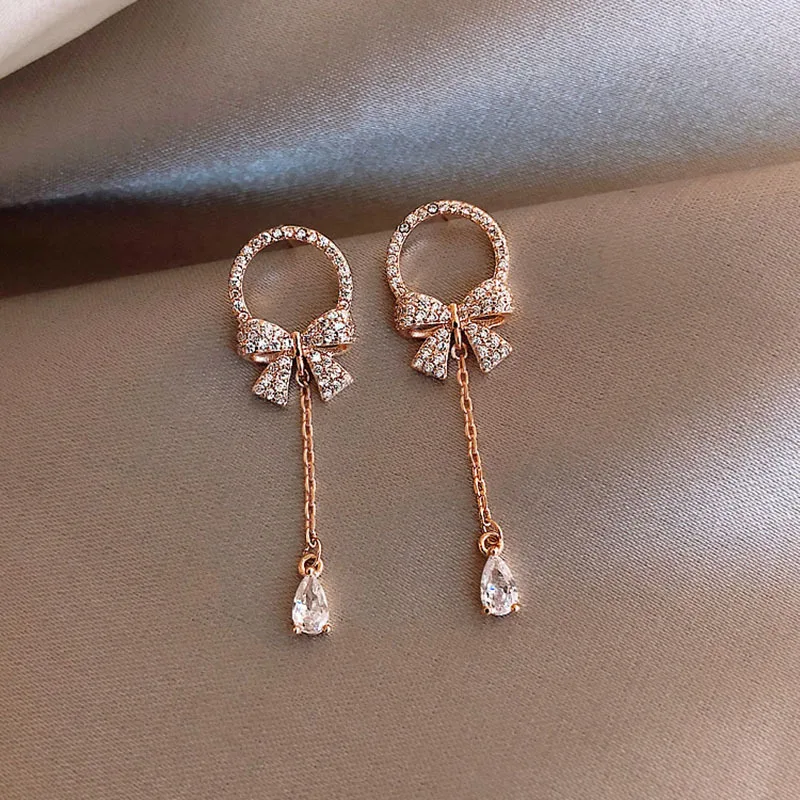 

New Style Fashion Women Water Drop Zircon Dangle Earrings 2021 Korean Charm Women Bow Long Tassel Drop Earring Party Jewelry