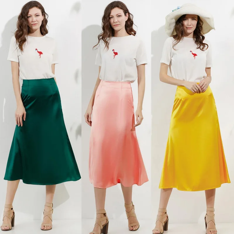 

Women Dress Summer Silk Satin Skirt Vintage Style Long High Waist Midi Skirt For Women A-Line Elegant Skirts