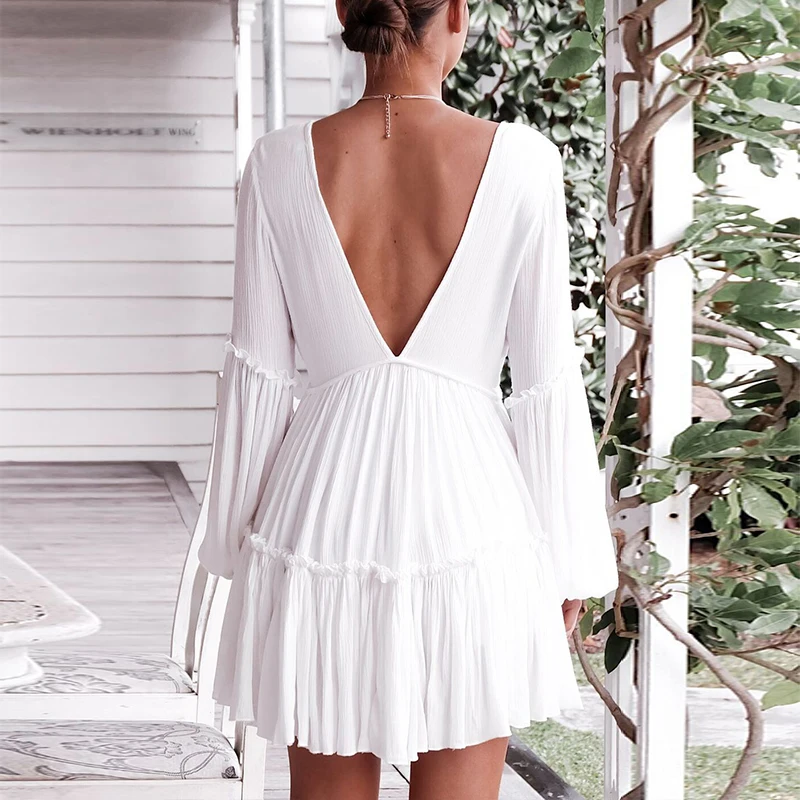 

Autumn White Ruffle Patchwork Shirt Dress Women Spring Sexy V Neck Backless Dress Lantern Sleeve Loose Mini Party Vestidos