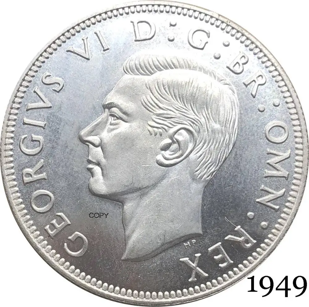 

Великобритания, 1949 кг, 1/2 г, полукорона, король Георгий VI, влево, шестая, Британская, HP, Посеребренная копия, монета, замененный край