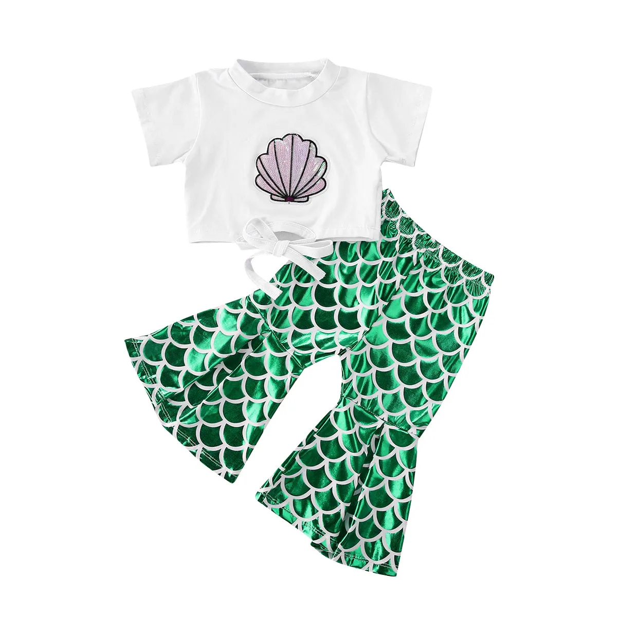 Summer 2-6Years Kid Girls Fashion Printed Lace up Top Cute Mermaid Fish Bell-bottomed Pants Two Piece Set | Мать и ребенок