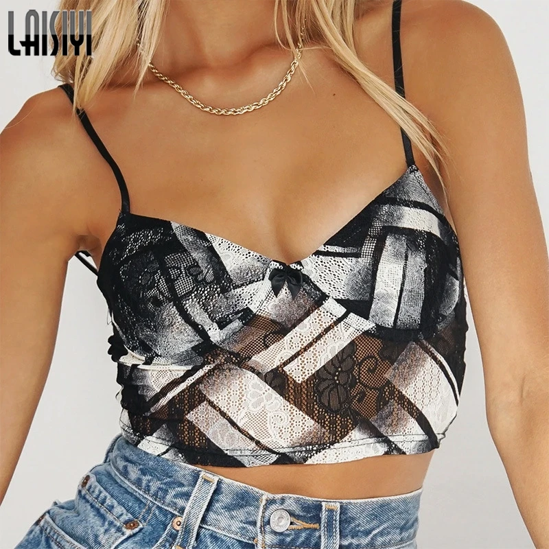 

LAISIYI Backless Sexy Pacthwork Slim Vintage Camisole Tops Printed Casual Fashion Black Crop Top Women Summer Cloth Streetwear