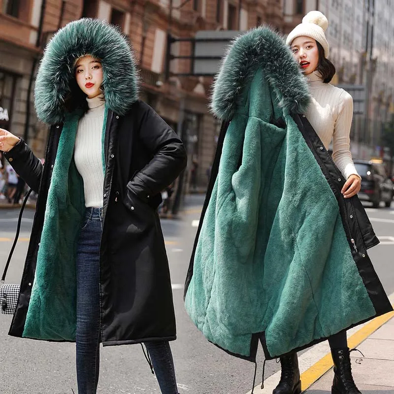 6-Green Inner Женские парки зимняя куртка женские пальто с капюшоном меховой воротник теплая толстая подкладка с хлопковой подбивкой длинная парка куртка женские пальто - Цвет: 6-Green Inner