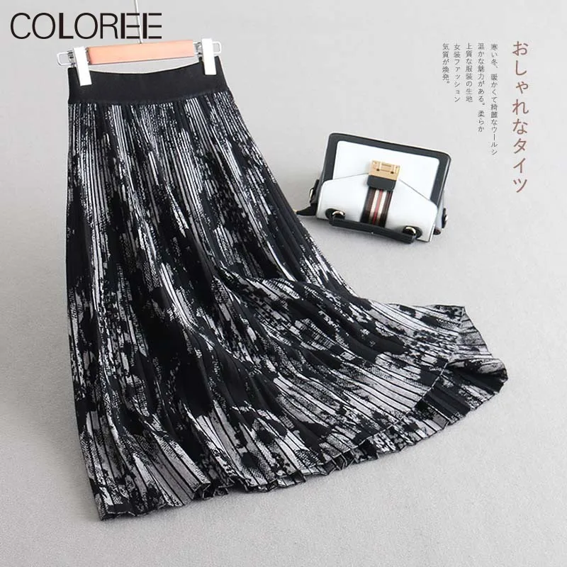 Vintage Black Floral Printed Knitted Woman Skirt 2021 Autumn Winter High Waist A-line Midi Skirts Womens | Женская одежда