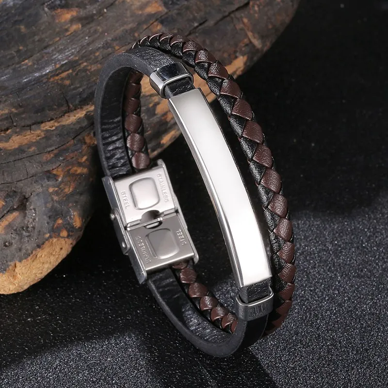 

Trendy Double Braided Leather Bracelet Men Charm Jewelry Stainless Steel Buckle Retro Bangles for Boyfriend Husband Gift SP1147