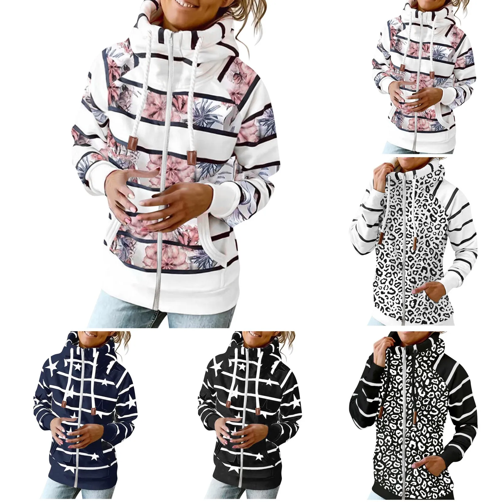 

Женская куртка с леопардовым принтом, толстовка на молнии с карманами и длинным рукавом, пальто с капюшоном, модная зимняя Толстая теплая ку...