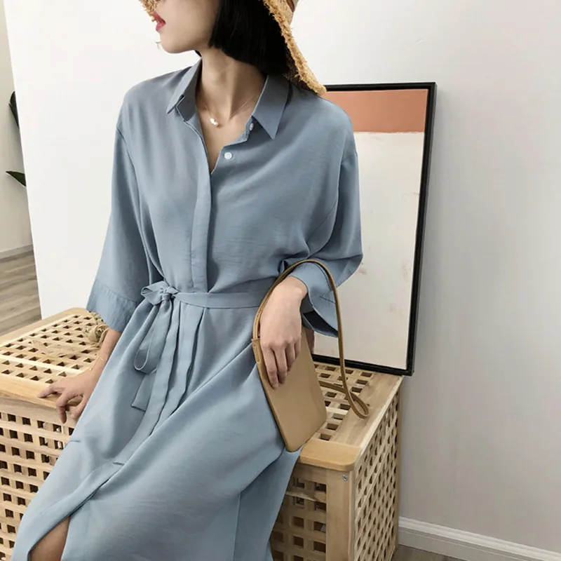 

Женское шифоновое платье-рубашка, Элегантное Длинное Платье с отложным воротником и длинным рукавом, с поясом на резинке, QX885, весна 2023