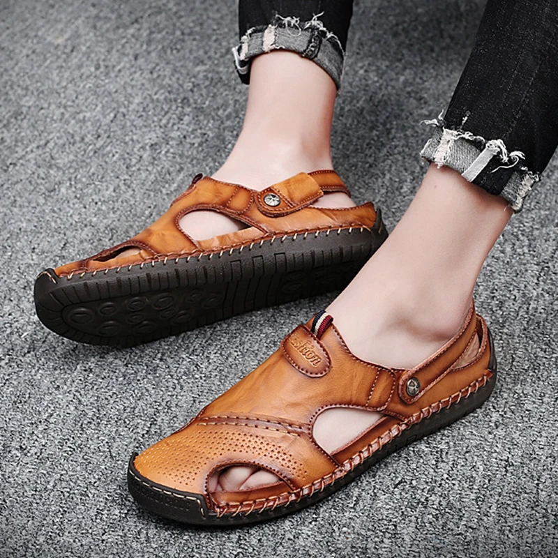 

Sandals Men's Trendy New Casual Leather Sandals Non-Slip Men's Slippers Beach Shoes Summer Breathable Sandals Dual-Use
