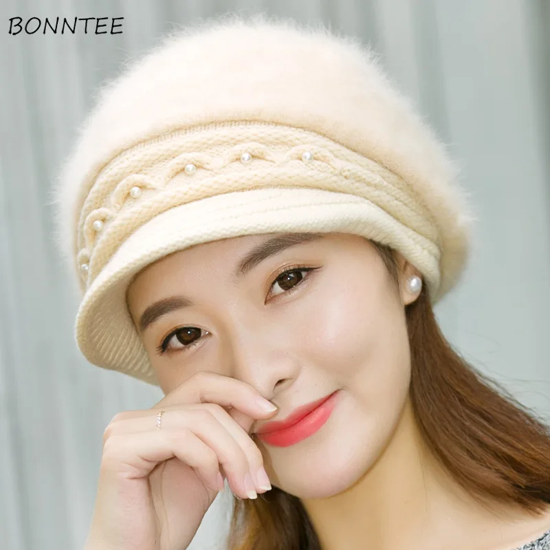 Шапка-бини Женская однотонная теплая шапка из кроличьего меха в Корейском стиле