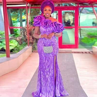 pretty purple sequins side slit aso ebi women mermaid dresses with big 3d stain flowers long south africa style party dress