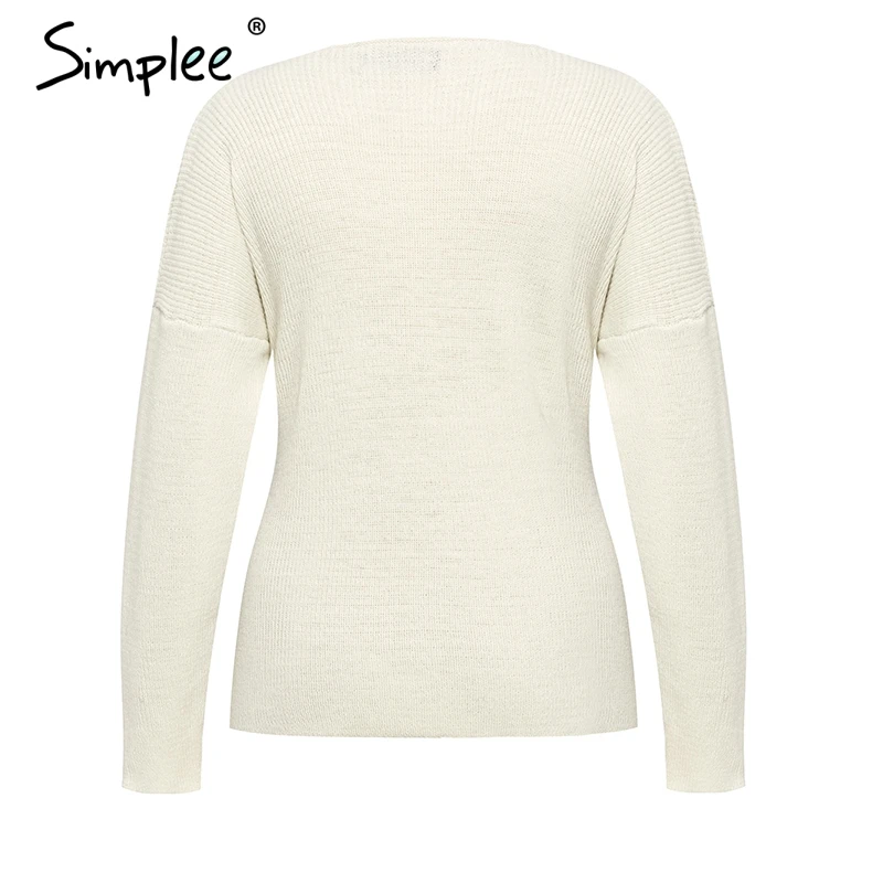 Simplee Casual bow tie plus size women sweater Elegant solid v-neck knitted jumper female Autumn winter pullover 2019 | Женская одежда
