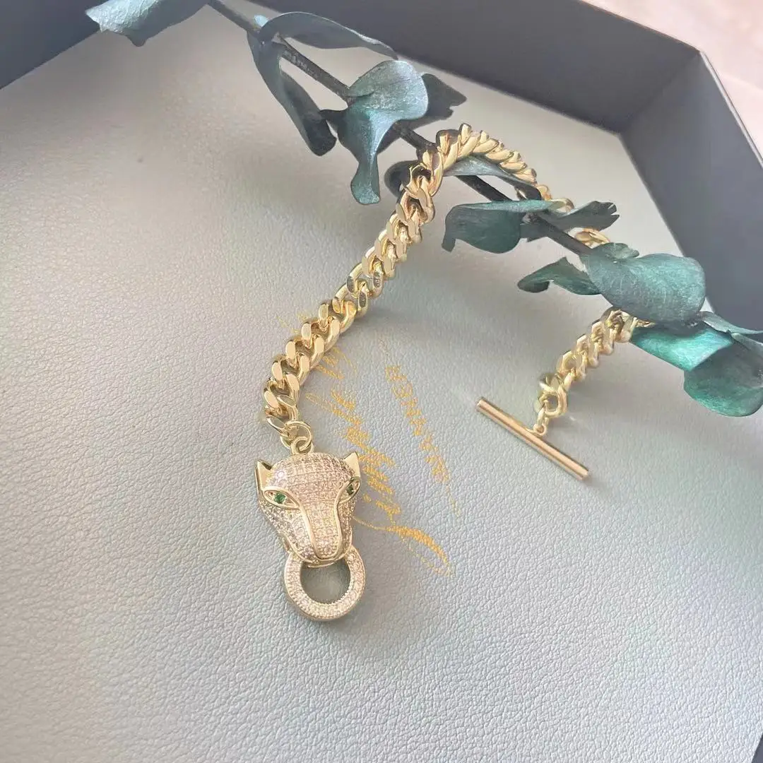 

New Trendy Eyes Inlaid Green Zircon Leopard Head Hip-hop Women's Bracelet Stainless Steel Zircon Charm Female Bangle Jewelry