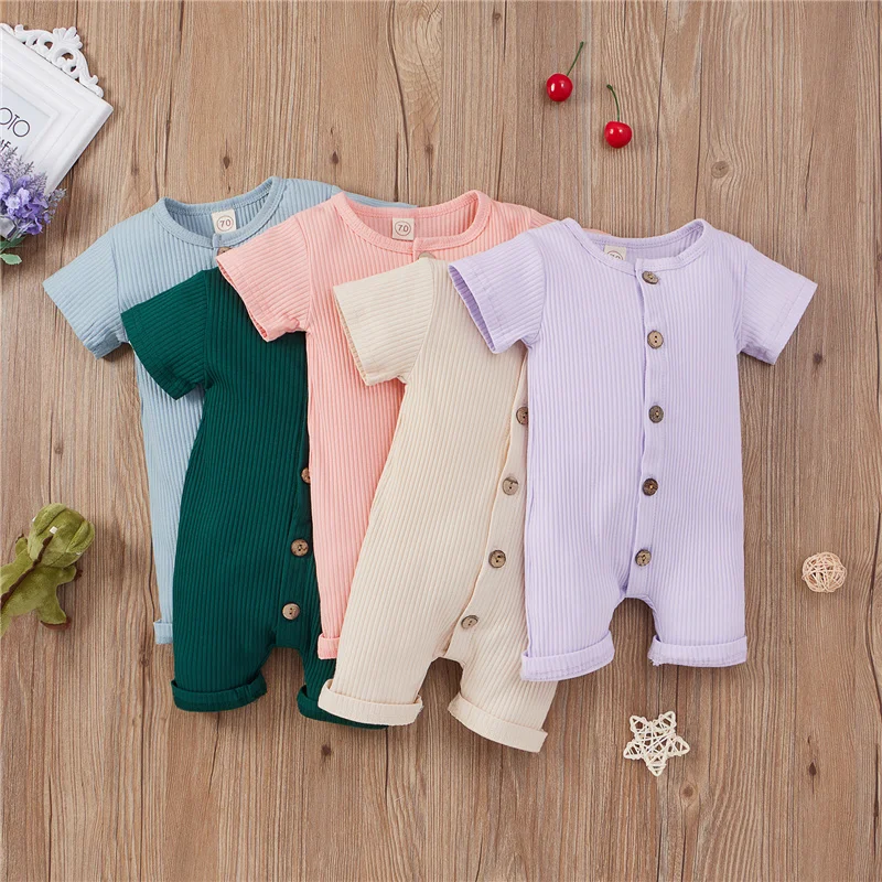 

Summer Casual Baby Boy Girl Clothes Newborn Solid Single-breasted Rompers Short Sleeve Jumpsuits Cotton Clothes