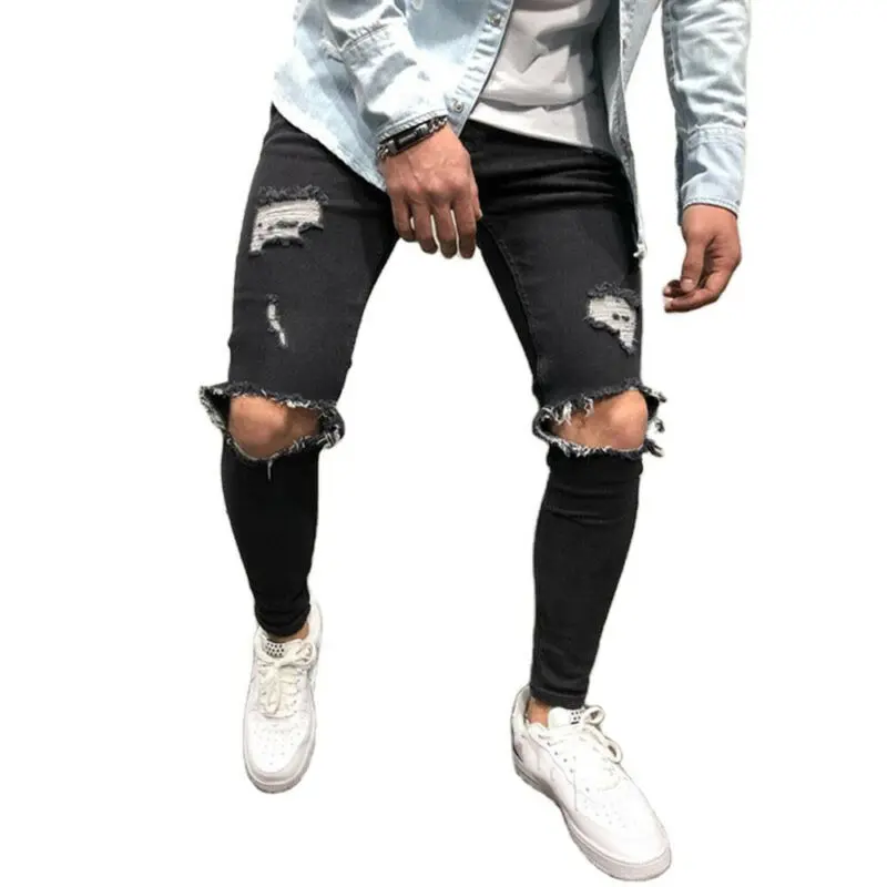 

Trousers Men Skinny Stretch Ripped Zipper Denim Pencil Pants Slim Full Length Casual Clothes Casual jeans for men