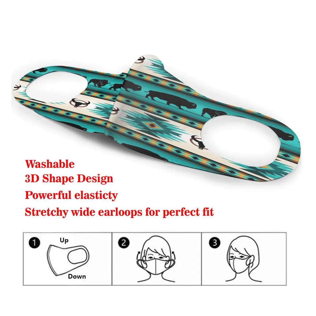 

Native Pattern Buffalo Stripe Turquoise Washable elastic Earloop Face Breathing Mask Reusable Anti Dust Cotton Mouth For Adults