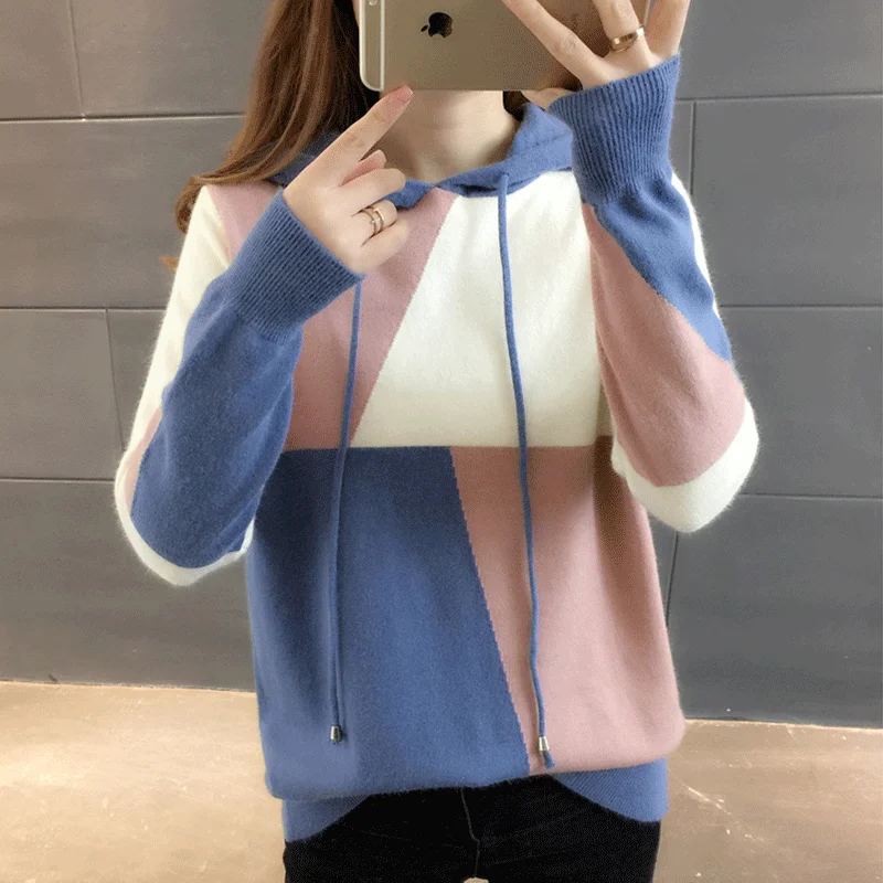 

Women New Fashion Winter 2020 Casual Korean Knitted Color Patchwork Soft Sweater Female Pullover Elegant Hooded Long Sleeve Y26