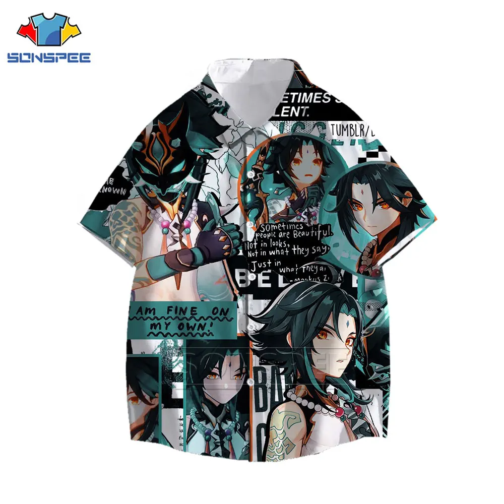 Kawaii Two-dimensional Anime Girl Boy Shirt 3D Print Genshin Impact Game Shirt Casual Ocean Beach Oversized Hawaiian Shirts Tops