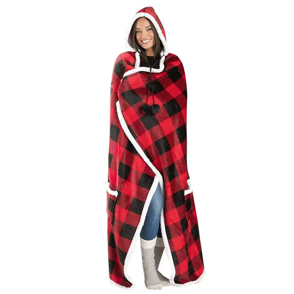 

Hot Hooded Lazy Blanket Thickened And Extended Warm Red And Black Plaid Printing Casual Home Cloak