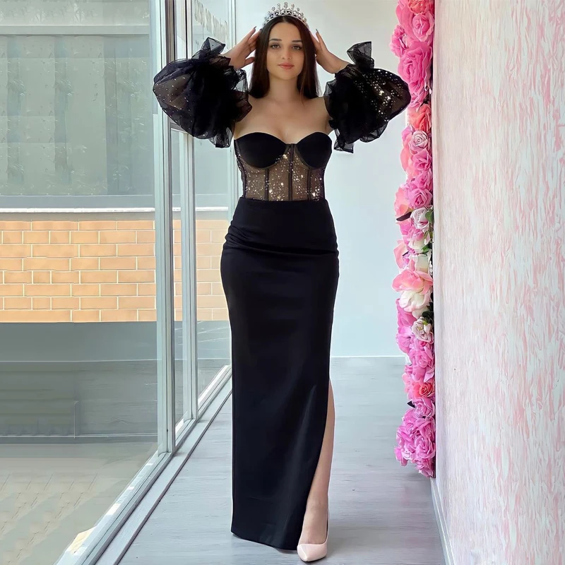 Thinyfull preto vestidos de baile mangas sopro sereia vestido de noite glitter alta divisão arábia saudita coquetel vestidos de festa plus size (0)