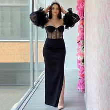 Thinyfull Black Prom Dresses Puff Sleeves Mermaid Evening Dress Glitter High Split Saudi Arabia Cocktail Party Gowns Plus Size (4)