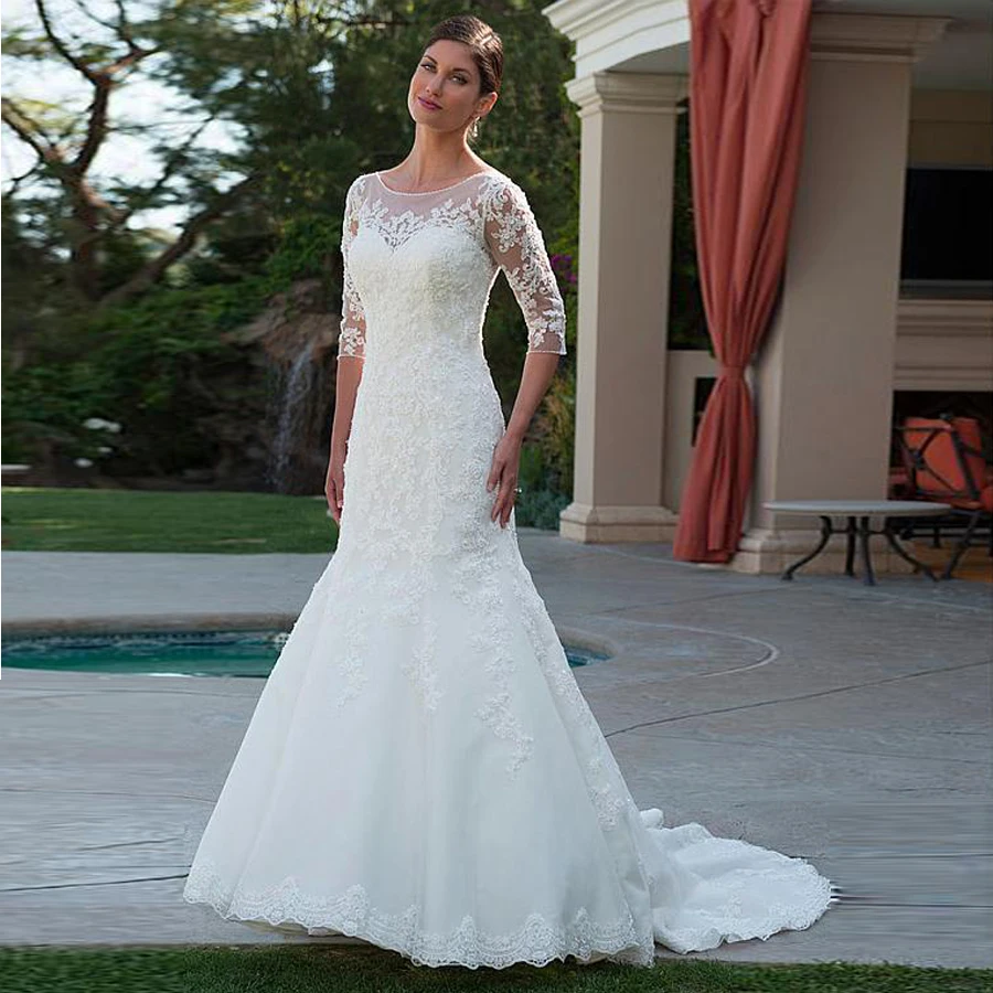 

Модное Тюлевое свадебное платье-Русалка с вырезом лодочкой с полурукавами кружевные свадебные платья с аппликацией и кристаллами