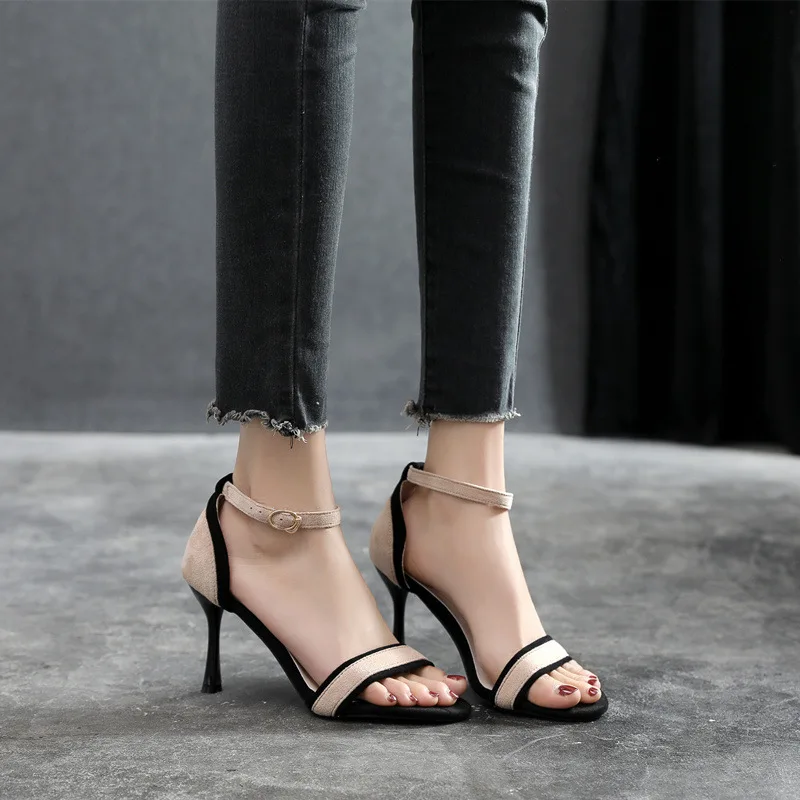 

Open Toe Stiletto Heel Sandals Female Color Matching Black Small Fresh Women Sandals