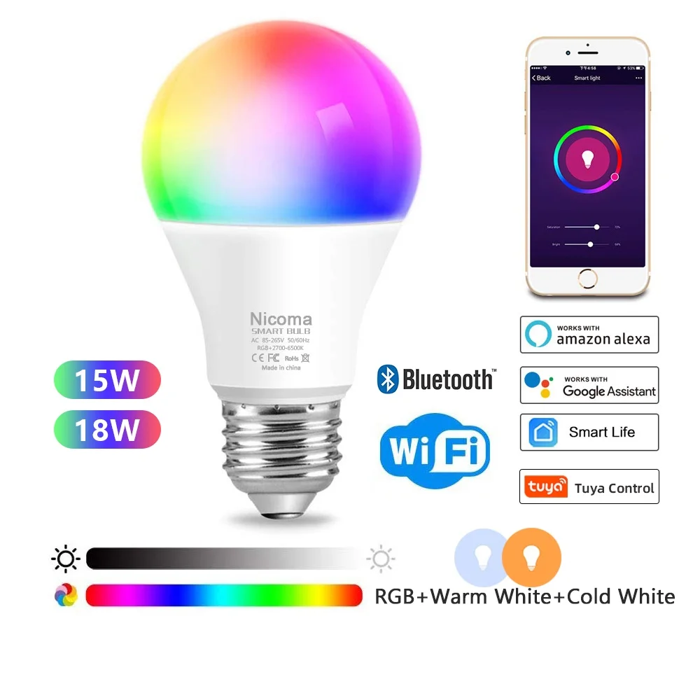 

Умный светильник с Wi-Fi, 15/18 Вт, E27, Alexa/Google/Smart Life