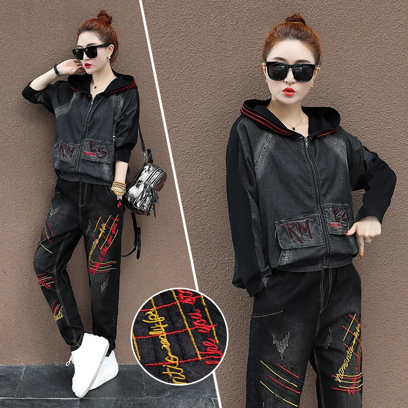 Джинсы корейского стиля куртки брюки костюм женский джинсовый комплект из двух