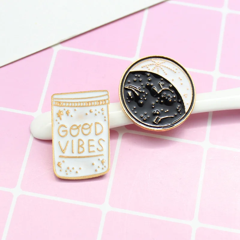 

Round Constellation Gold Color Lapel Pins Brooches Black White Enamel Badge Jeans Shirt Bag Cute Constellation Jewelry Gifts