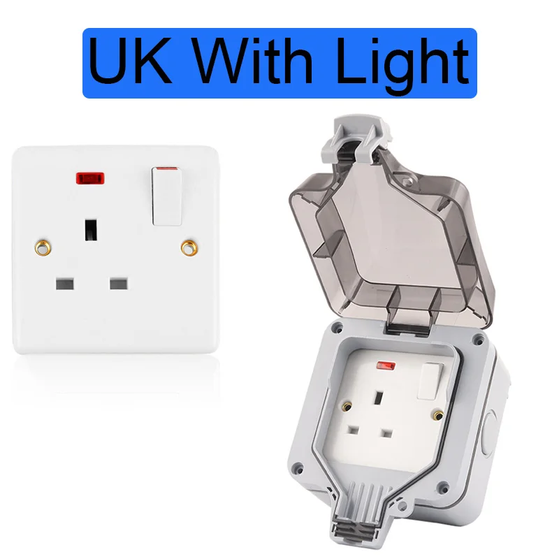 

IP66 Weatherproof Waterproof Outdoor Wall Switch Socket With Light Power Socket 13A Outlet Grounded 250V UK Standard