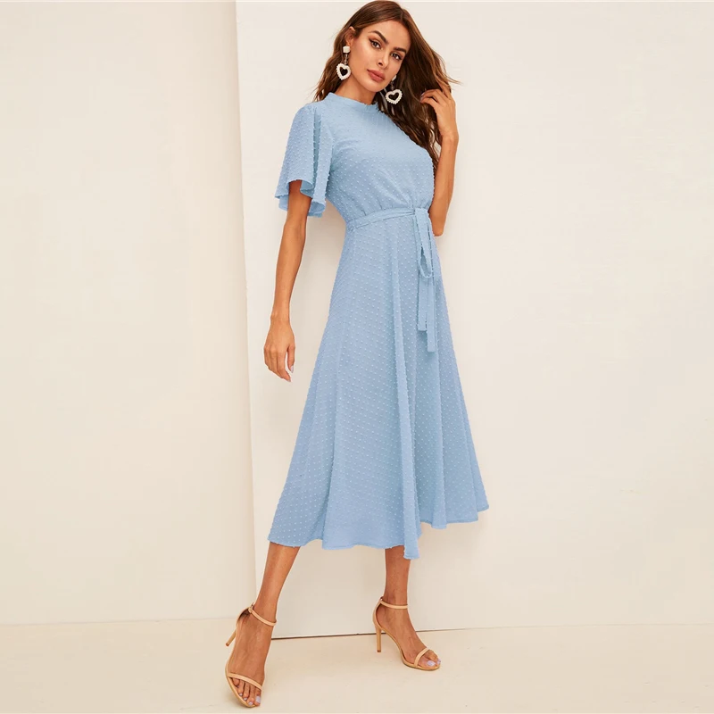 SHEIN платье с рукавами-крылышками в швейцарский горошек с поясом элегантное розовое Пастельное однотонное женское платье со стоячим воротником ТРАПЕЦИЕВИДНОЕ ПЛАТЬЕ С полурукавом