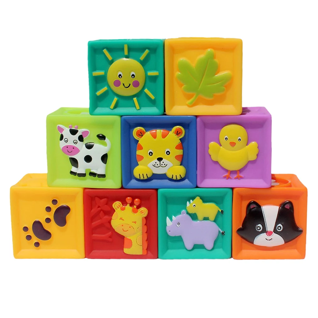 

9 Pcs Soft Silicon Cube Numbers Animals Blocks Stack Game Color & Shape Sorting Kids/Baby Developmental Toy