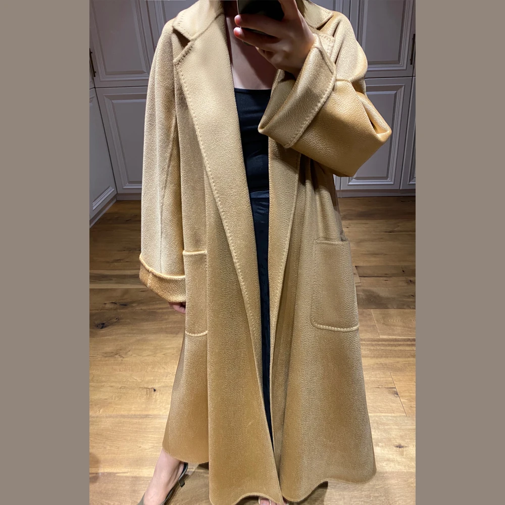 High-end Winter Women's Coat Long Cashmere Water Ripple Autumn Caramel Color Camel Lace Classic Temperament Black | Женская одежда