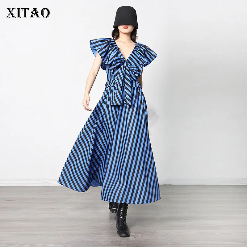 

XITAO платье-пуловер в полоску с v-образным вырезом и бантом на молнии в стиле пэчворк; Новое поступление 2022 года; Сезон весна; Модная повседнев...