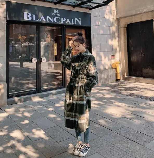 

Autumn and winter women's coat casual plaid lapel long sleeve pocket belt decoration long coat