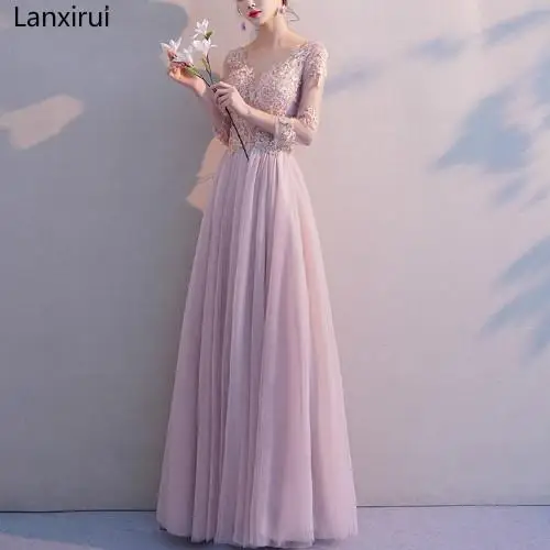 

Lanxirui Dress Sexy Appliques Three quarter Wedding Formal Dress Flowers Embroidery Lace Up Pink Party Gowns