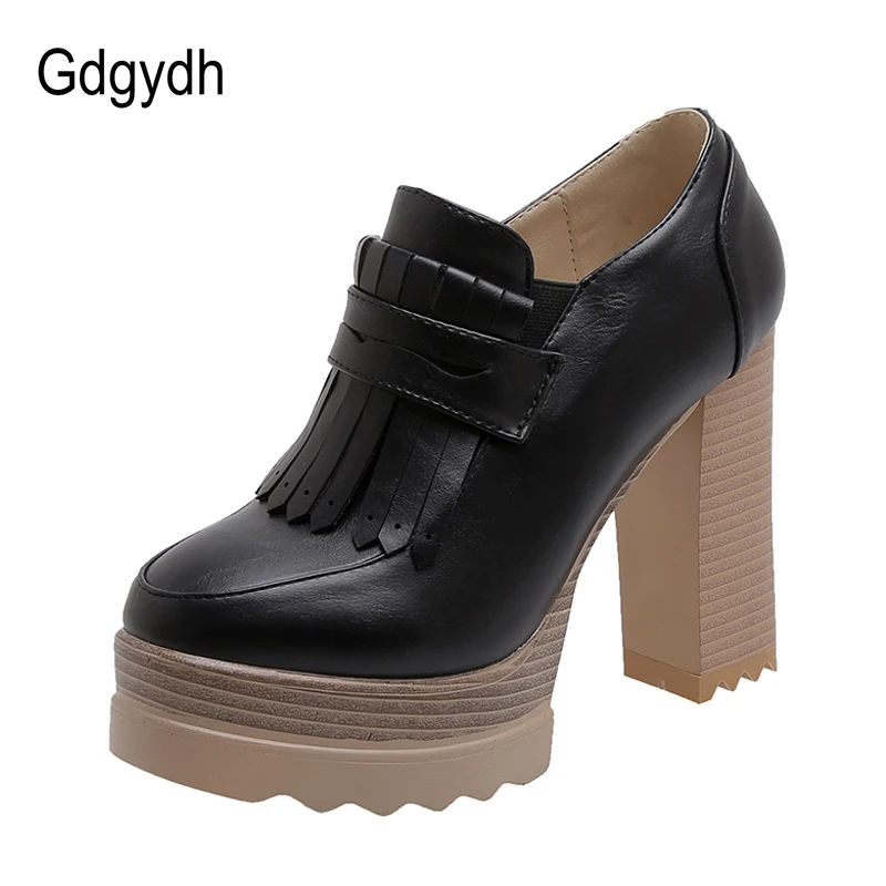 Женские туфли с бахромой Gdgydh черные офисные на высоком каблуке и толстой