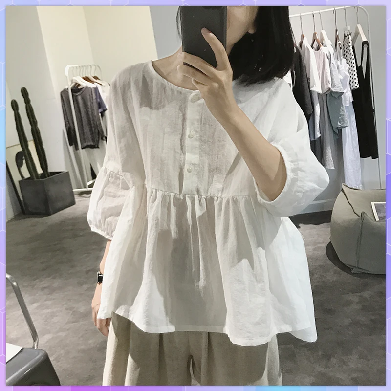 

Футболка женская из хлопка и льна, белая Свободная рубашка с коротким рукавом-фонариком, одежда на лето